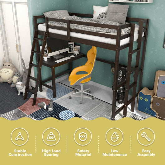 Twin Size Loft Bed Frame with Desk Angled and Built-in Ladder-White