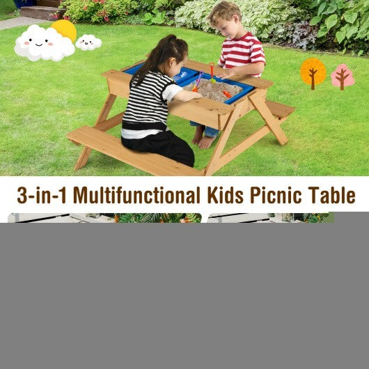 3-in-1 Kids Picnic Table Wooden Outdoor Water Sand Table with Play Boxes