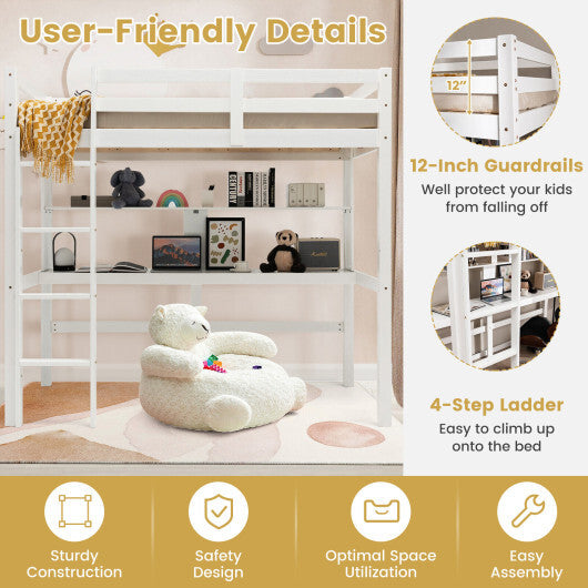 Twin Size Solid Wood Slatted Loft Bed Frame with Safety Guardrail for Kid-Brown