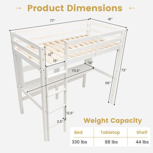 Twin Size Solid Wood Slatted Loft Bed Frame with Safety Guardrail for Kid-Brown