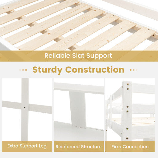 Twin Size Solid Wood Slatted Loft Bed Frame with Safety Guardrail for Kid-Brown