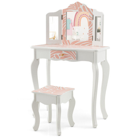2-in-1 Kids Vanity Table Set with Tri-folding Mirror-Pink - Color: Pink W2B