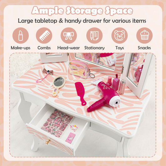 2-in-1 Kids Vanity Table Set with Tri-folding Mirror-Pink - Color: Pink W2B