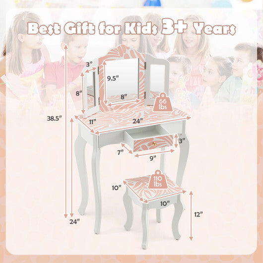 2-in-1 Kids Vanity Table Set with Tri-folding Mirror-Pink - Color: Pink W2B