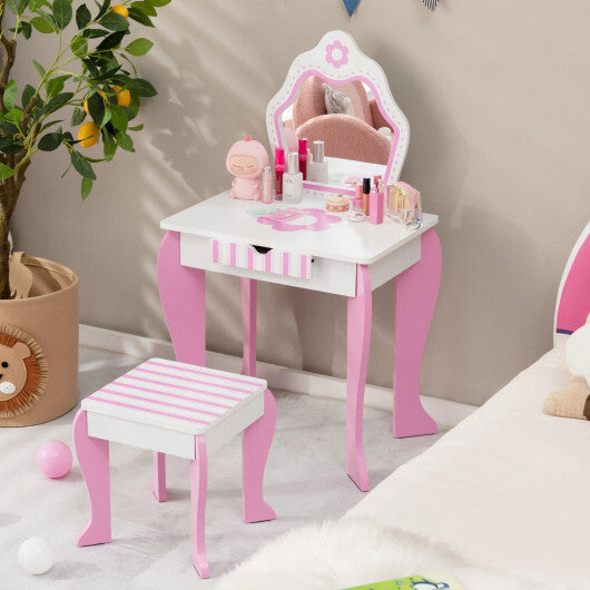 2-in-1 Toddler Vanity Set with Detachable Top & Cute Flower Patterns-White - Color: White W2B