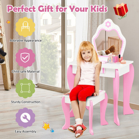 2-in-1 Toddler Vanity Set with Detachable Top & Cute Flower Patterns-White - Color: White W2B