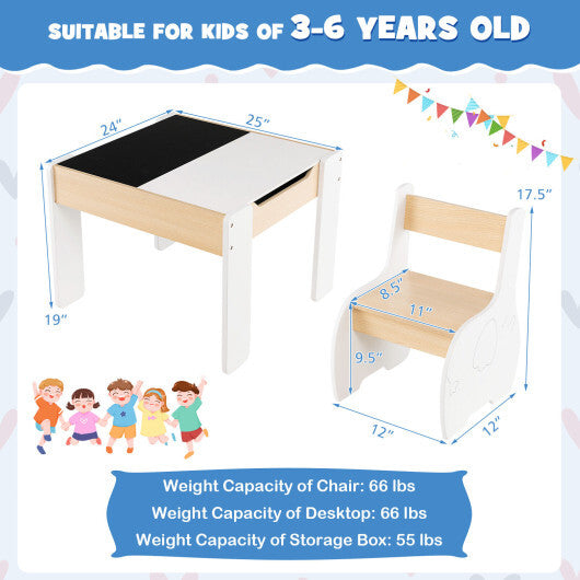 4-in-1 Wooden Activity Kids Table and Chairs with Storage and Detachable Blackboard-White