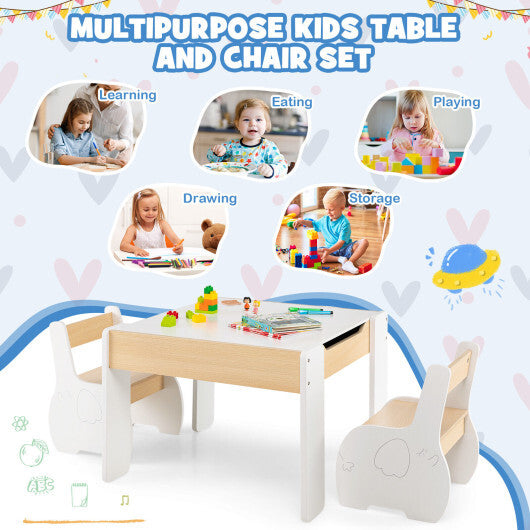 4-in-1 Wooden Activity Kids Table and Chairs with Storage and Detachable Blackboard-White