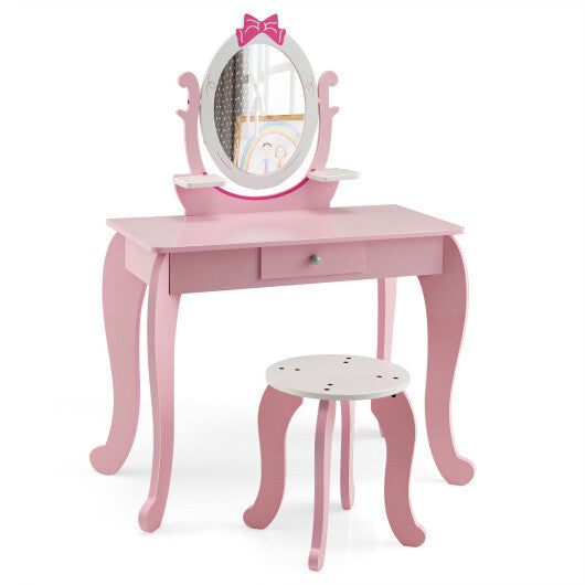 Kid Vanity Table Stool Set with Oval Rotatable Mirror-Pink - Color: Pink W2B