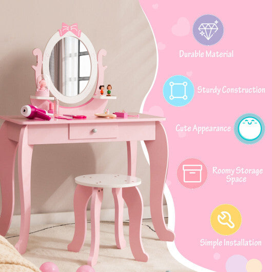 Kid Vanity Table Stool Set with Oval Rotatable Mirror-Pink