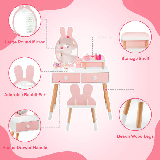 Kids Vanity Table and Chair Set with Drawer Shelf and Rabbit Mirror-Pink