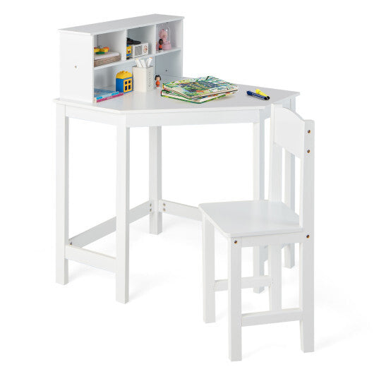 Kids Wooden Corner Desk and Chair Set with Hutch and Storage-White - Color: White W2B