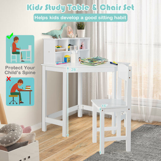 Kids Wooden Corner Desk and Chair Set with Hutch and Storage-White