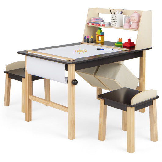 Kids Art Table and Chairs Set with Paper Roll and Storage Bins-Coffee W2B