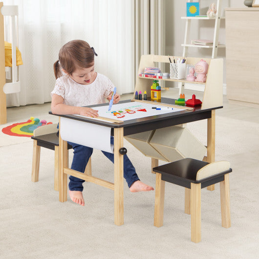 Kids Art Table and Chairs Set with Paper Roll and Storage Bins-Coffee W2B