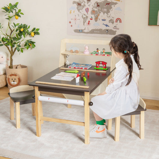Kids Art Table and Chairs Set with Paper Roll and Storage Bins-Coffee W2B