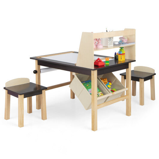 Kids Art Table and Chairs Set with Paper Roll and Storage Bins-Coffee W2B