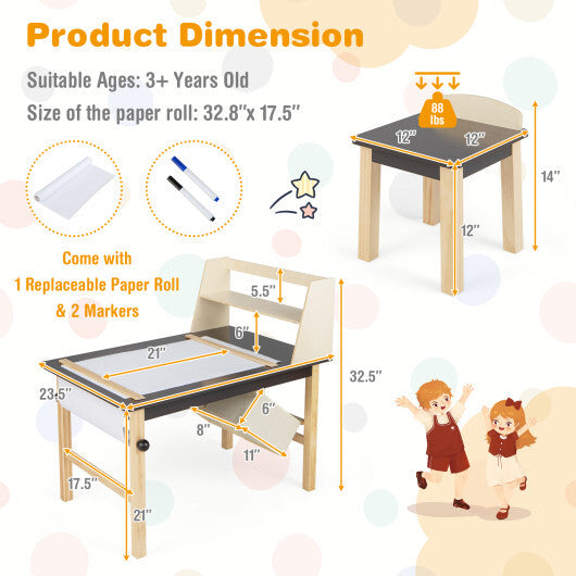 Kids Art Table and Chairs Set with Paper Roll and Storage Bins-Coffee W2B