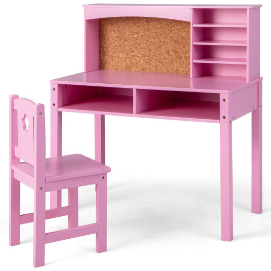 Kids Desk and Chair Set with Hutch and Bulletin Board for 3+ Kids-Pink