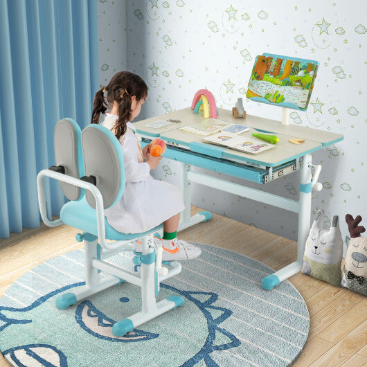 Height-Adjustable Kids Desk with Tilt Desktop and Book Stand-Blue W2B