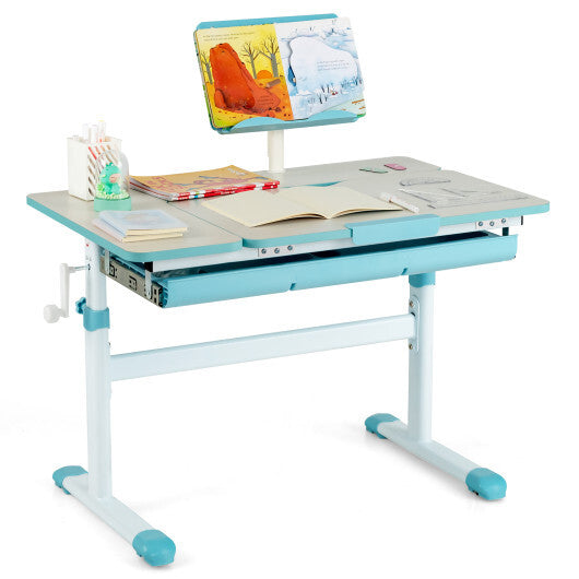Height-Adjustable Kids Desk with Tilt Desktop and Book Stand-Blue W2B