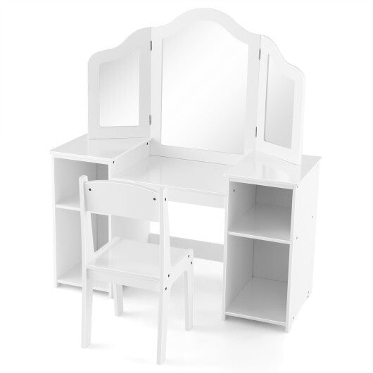 Kids Vanity Table and Chair Set with Removable Tri-Folding Mirror-White W2B