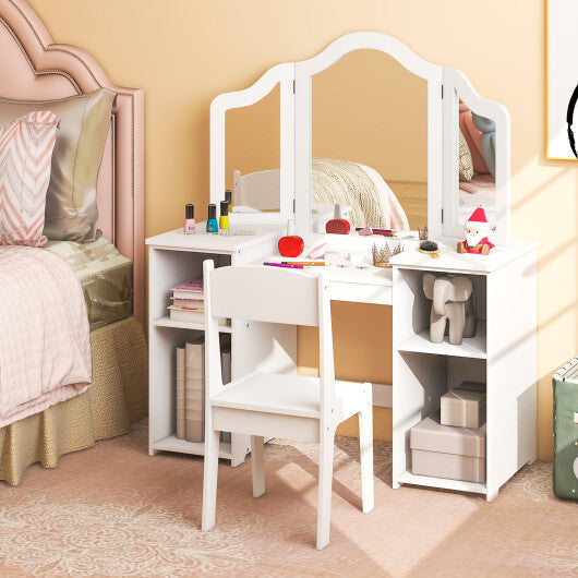 Kids Vanity Table and Chair Set with Removable Tri-Folding Mirror-White W2B