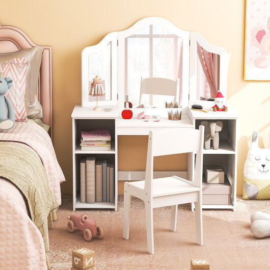Kids Vanity Table and Chair Set with Removable Tri-Folding Mirror-White W2B