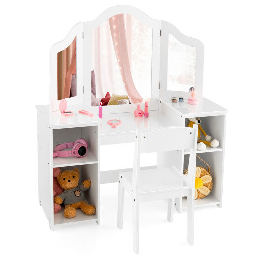 Kids Vanity Table and Chair Set with Removable Tri-Folding Mirror-White W2B