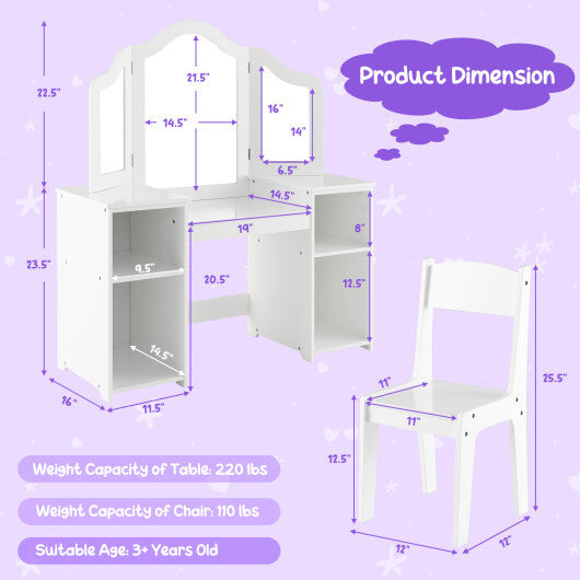 Kids Vanity Table and Chair Set with Removable Tri-Folding Mirror-White W2B
