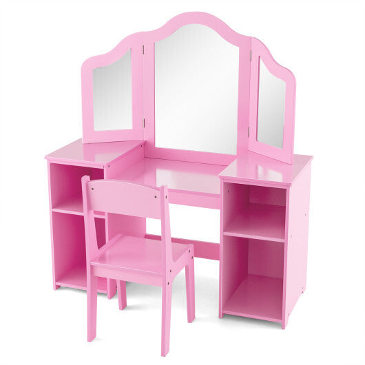 Kids Vanity Table and Chair Set with Removable Tri-Folding Mirror-White W2B