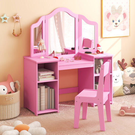 Kids Vanity Table and Chair Set with Removable Tri-Folding Mirror-White W2B