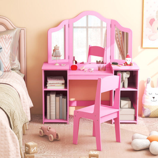 Kids Vanity Table and Chair Set with Removable Tri-Folding Mirror-White W2B