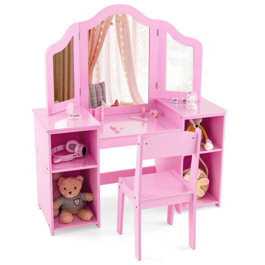 Kids Vanity Table and Chair Set with Removable Tri-Folding Mirror-White W2B