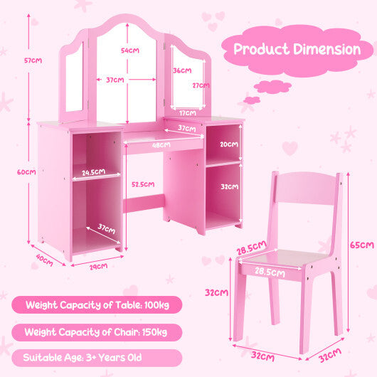Kids Vanity Table and Chair Set with Removable Tri-Folding Mirror-White W2B