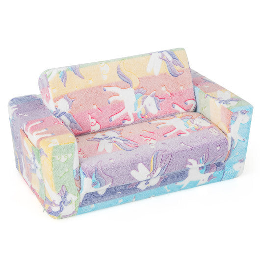 2-in-1 Flip Out Kids Sofa Chair with Detachable Flannel Fabric Cover and Glowing Patterns-Color W2B
