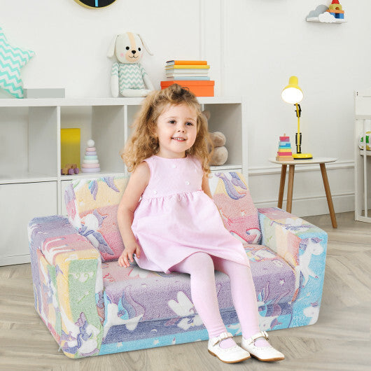 2-in-1 Flip Out Kids Sofa Chair with Detachable Flannel Fabric Cover and Glowing Patterns-Color W2B