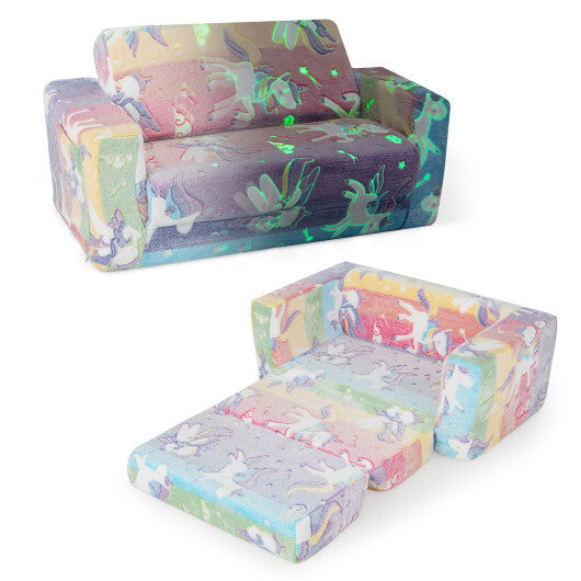 2-in-1 Flip Out Kids Sofa Chair with Detachable Flannel Fabric Cover and Glowing Patterns-Color W2B