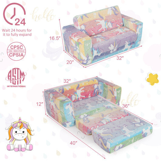 2-in-1 Flip Out Kids Sofa Chair with Detachable Flannel Fabric Cover and Glowing Patterns-Color W2B