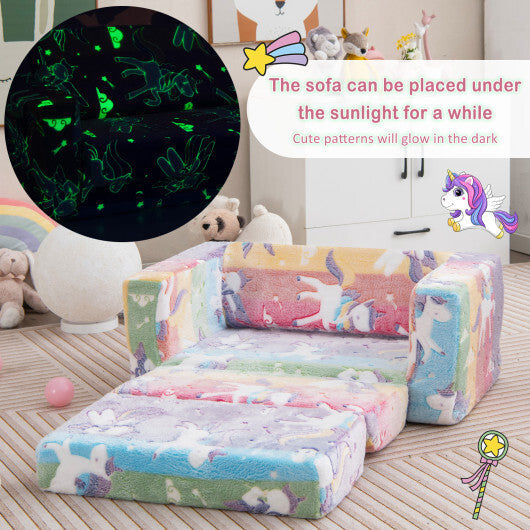2-in-1 Flip Out Kids Sofa Chair with Detachable Flannel Fabric Cover and Glowing Patterns-Color W2B