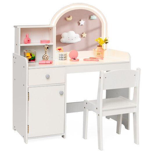 Kids Vanity Table and Chair Set with Shelves Drawer and Cabinet-White