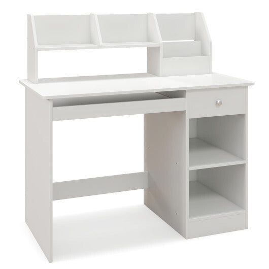 Kids Study Desk Children Writing Table with Hutch Drawer Shelves and Keyboard Tray-White