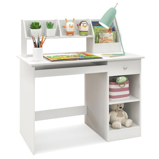 Kids Study Desk Children Writing Table with Hutch Drawer Shelves and Keyboard Tray-White