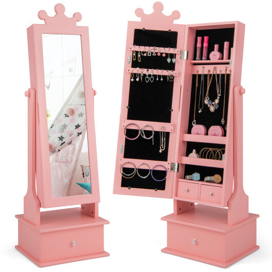2-in-1 Kids Play Jewelry Armoire with Full Length Mirror and Drawers-Pink W2B