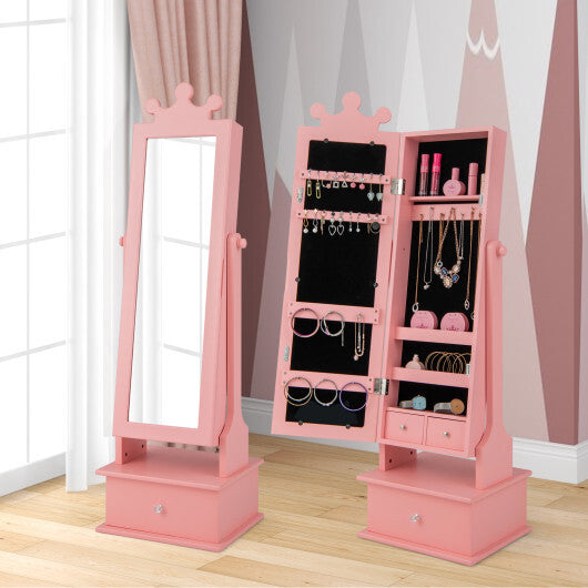 2-in-1 Kids Play Jewelry Armoire with Full Length Mirror and Drawers-Pink W2B