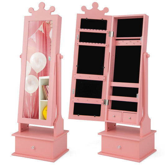 2-in-1 Kids Play Jewelry Armoire with Full Length Mirror and Drawers-Pink W2B