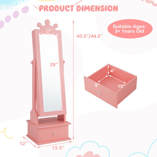 2-in-1 Kids Play Jewelry Armoire with Full Length Mirror and Drawers-Pink W2B