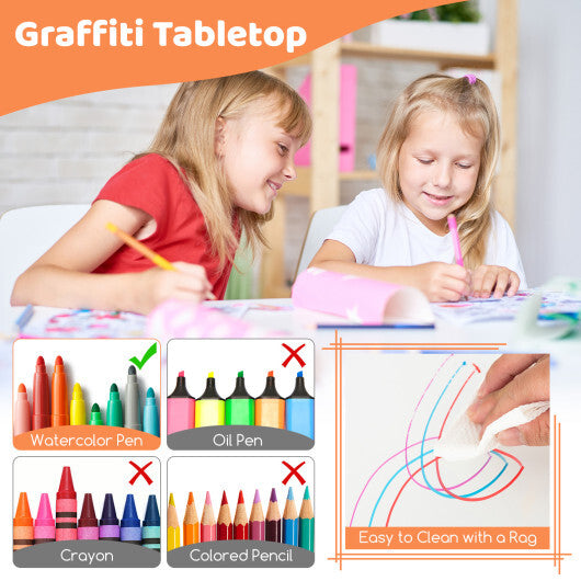 Kids Table and Chairs Set for 4 with Graffiti Desktop-Green