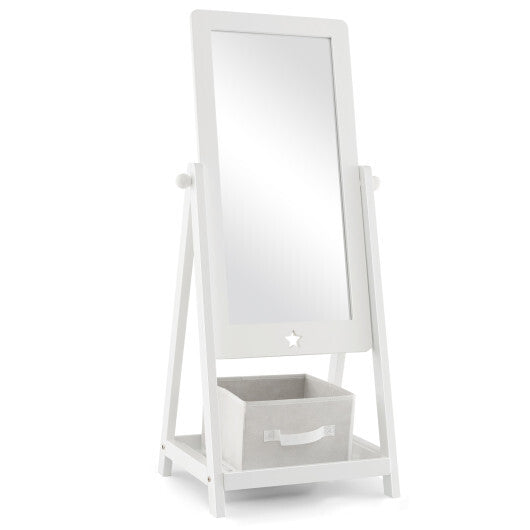 Kids Full Length Mirror 360 Degree Rotatable Dressing Mirror with Storage Bin-White