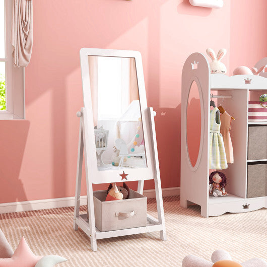 Kids Full Length Mirror 360 Degree Rotatable Dressing Mirror with Storage Bin-White